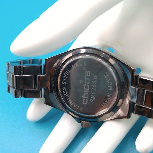 Chico’s Gunmetal Blue Rhinestone Boyfriend Watch Black Face 7 Inch Quartz - Picture 4 of 5